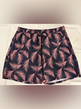 Navy Swim Shorts with Pink Feather Print